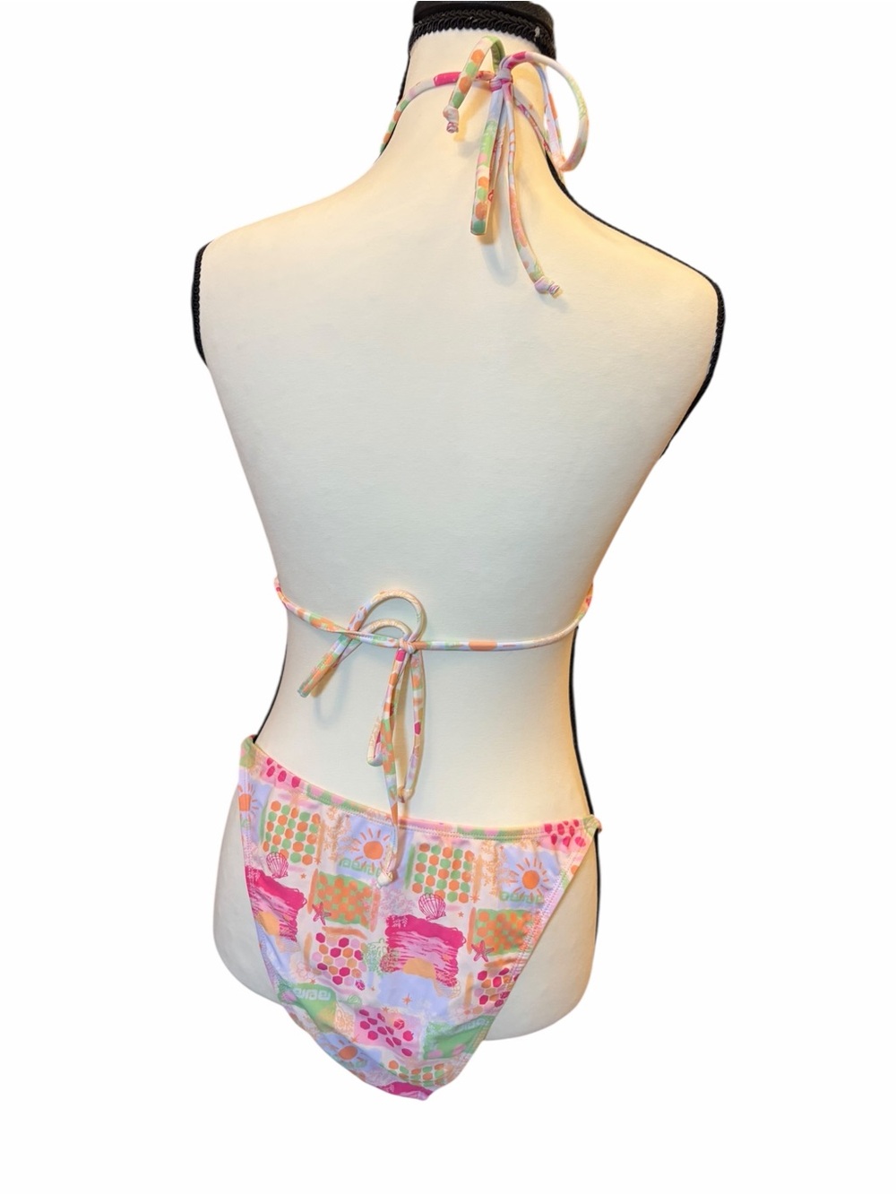 Cabana Del Sol Pastel Patchwork Pink Green Peach Triangle Bikini Set Skirt XL - Picture 5 of 7